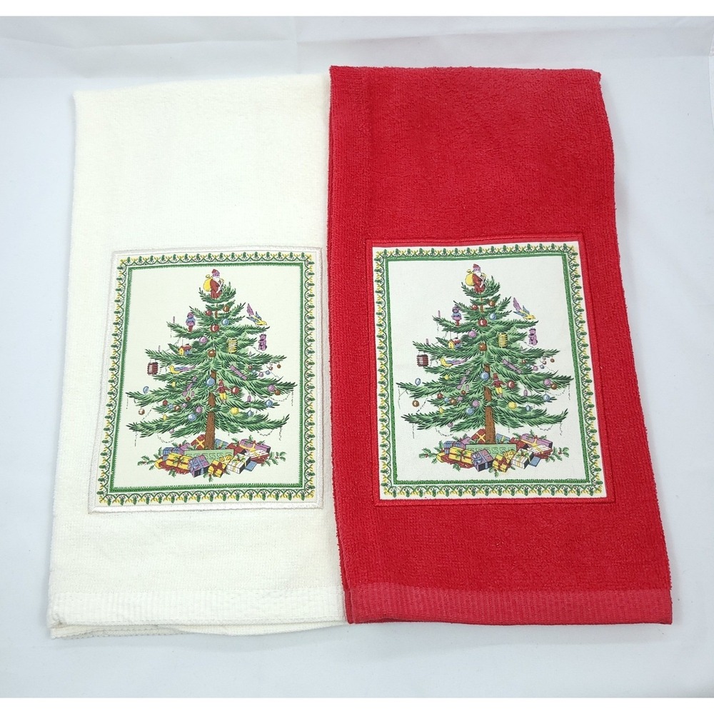 Spode Christmas Tree Hand Towels Red White Cotton Holiday Embroidered Dish Cloth